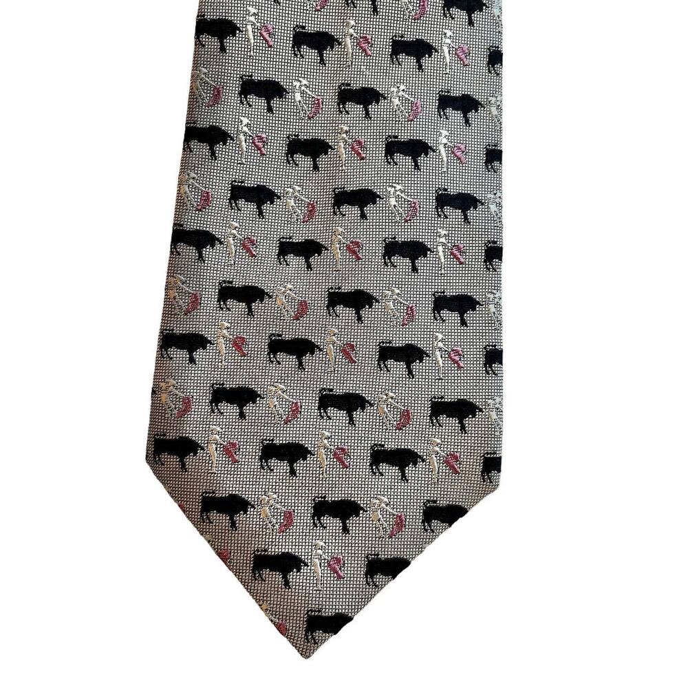 Ginza Taya Silver and Black Bullfighter Embroidered 100% Silk Skinny Tie